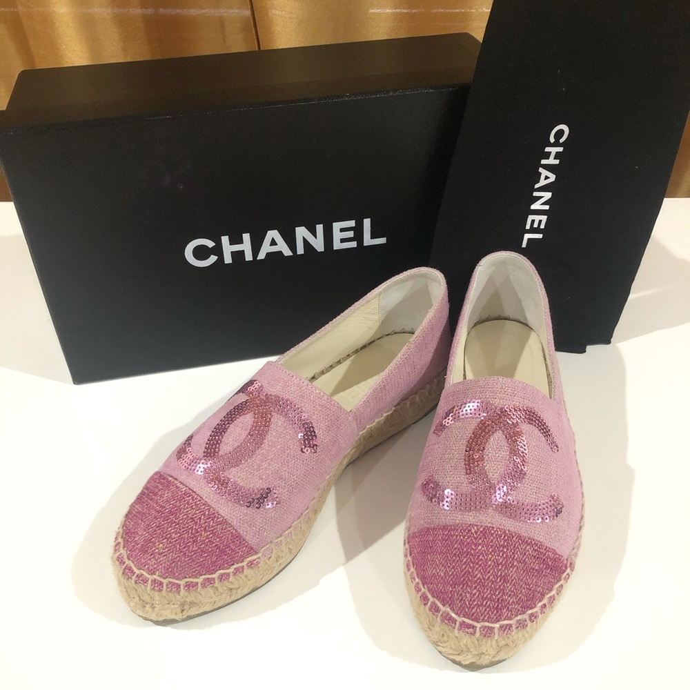 Chanel Cruise 2016 Pink Linen/Sequins Espadrilles